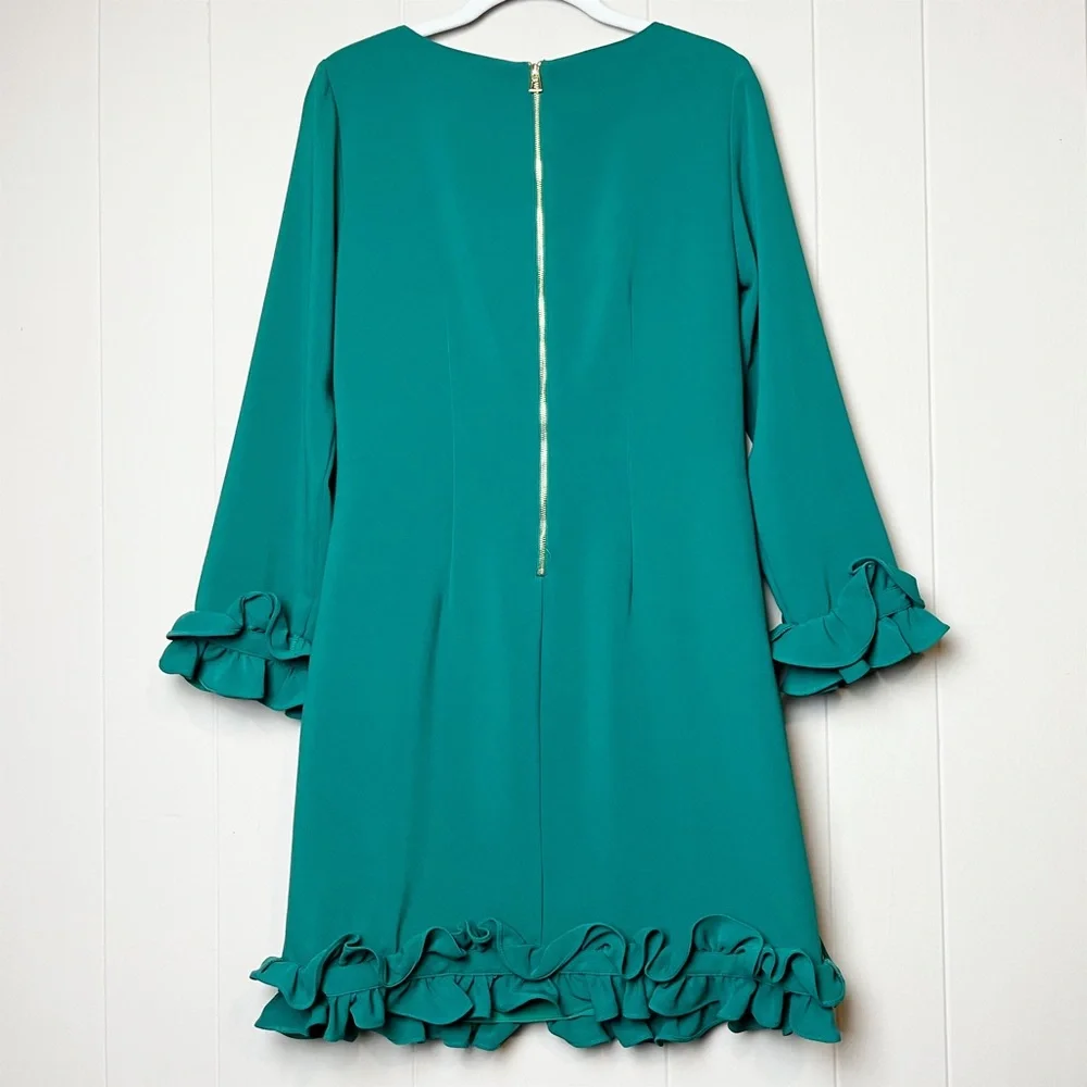Sail to Sable Green Shift Dress 4 long sleeve mini ruffle cocktail party holiday - Picture 5 of 14